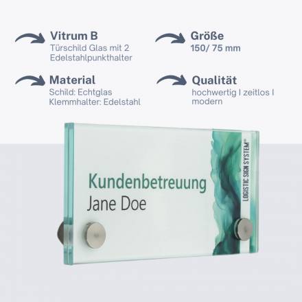 Tuerschild VITRUM B Glasschild Beschilderung fuer Buero 150 75 mm